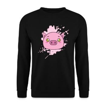 Schwein im japanischen Kawaii Stil Tier - Unisex Pullover - Schwarz - Vorne - Alina (178cm) & Michal (187cm)