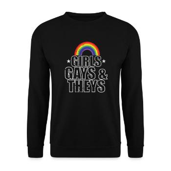 Girls Gays and Theys LGBT bunt Pride - Unisex Pullover - Schwarz - Vorne - Alina (178cm) & Michal (187cm)