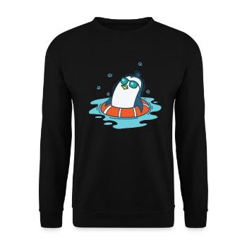 Pinguin beim Baden mit Schwimmreifen - Unisex Pullover - Schwarz - Vorne - Alina (178cm) & Michal (187cm)