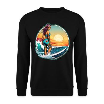 Sexy Surfer Girl am Strand mit Sonnenuntergang - Unisex Pullover - Schwarz - Vorne - Alina (178cm) & Michal (187cm)