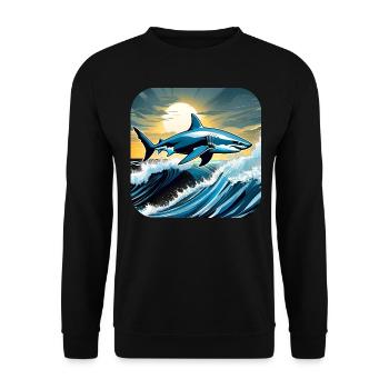 Jumping shark with sunset - Unisex Sweatshirt - black - Front - Alina (178cm) & Michal (187cm)