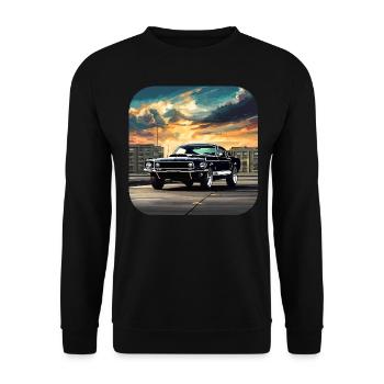 Oldtimer Auto Turbo Rallye im Sonnenuntergang - Unisex Pullover - Schwarz - Vorne - Alina (178cm) & Michal (187cm)