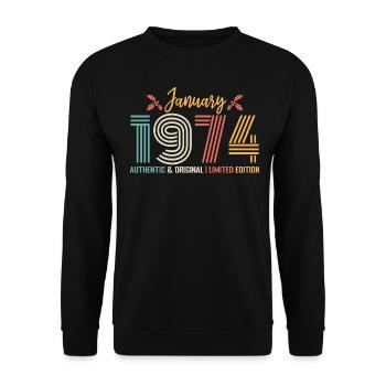 Januar 1974 Geburtstag Januar 1974 Retro - Unisex Pullover - Schwarz - Vorne - Alina (178cm) & Michal (187cm)