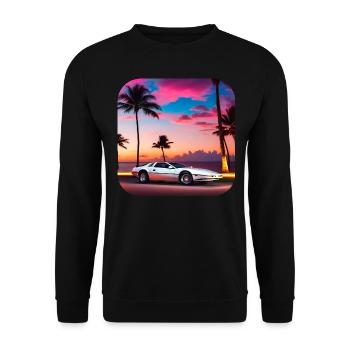 Cooles Auto mit Palmen im Sonnenuntergang IV - Unisex Pullover - Schwarz - Vorne - Alina (178cm) & Michal (187cm)