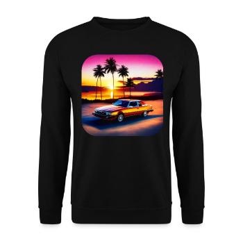 Cooles Auto mit Palmen im Sonnenuntergang III - Unisex Pullover - Schwarz - Vorne - Alina (178cm) & Michal (187cm)