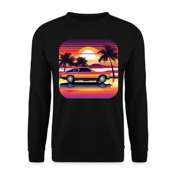 Cooles Auto mit Palmen im Sonnenuntergang II - Unisex Pullover - Schwarz - Vorne - Alina (178cm) & Michal (187cm)