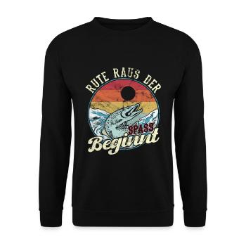 Rute Raus der Spass Beginnt Angler Geschenk - Unisex Pullover - Schwarz - Vorne - Alina (178cm) & Michal (187cm)
