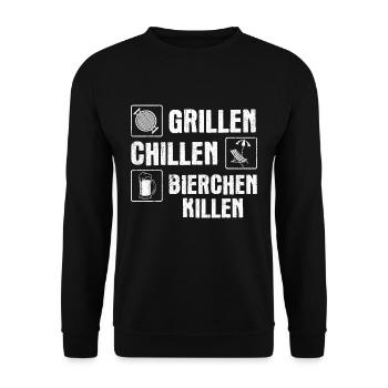 Grillen Chillen Bierchen Killen Grill - Unisex Pullover - Schwarz - Vorne - Alina (178cm) & Michal (187cm)