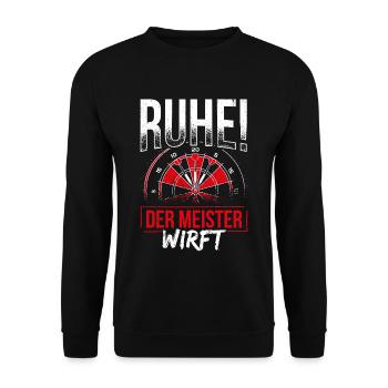 Dart Ruhe Der Meister Wirft Dartsport Spruch - Unisex Pullover - Schwarz - Vorne - Alina (178cm) & Michal (187cm)