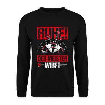 Dart Ruhe Der Meister Wirft Dartsport Spruch - Unisex Pullover - Schwarz - Vorne - Alina (178cm) & Michal (187cm)