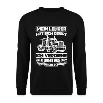 LKW-Fahrer Lehrer hat sich geirrt Spruch Lastwagen - Unisex Pullover - Schwarz - Vorne - Alina (178cm) & Michal (187cm)