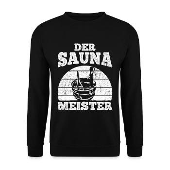 Saunameister - Geschenk Sauna Spruch Saunieren - Unisex Pullover - Schwarz - Vorne - Alina (178cm) & Michal (187cm)