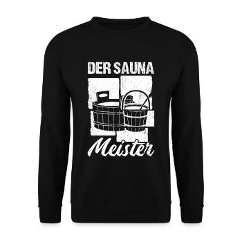 Saunameister - Geschenk Sauna Spruch Saunieren - Unisex Pullover - Schwarz - Vorne - Alina (178cm) & Michal (187cm)