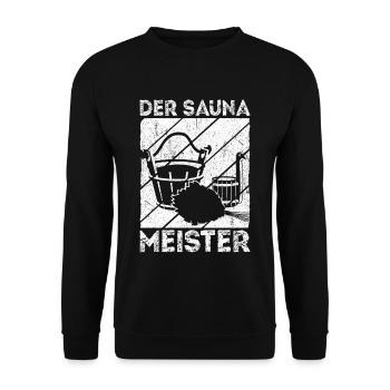 Saunameister - Geschenk Sauna Spruch Saunieren - Unisex Pullover - Schwarz - Vorne - Alina (178cm) & Michal (187cm)