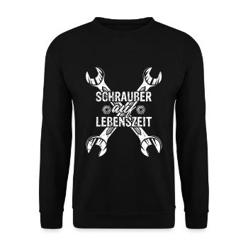 Schrauber Auf Lebenszeit - KFZ Werkstatt Spruch Tu - Unisex Pullover - Schwarz - Vorne - Alina (178cm) & Michal (187cm)