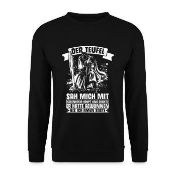 Der Teufel Sah Mich Mit Gesenktem Haupt Bis Ich Am - Unisex Pullover - Schwarz - Vorne - Alina (178cm) & Michal (187cm)
