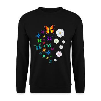 Design mit Schmetterlingen und Blumen - Unisex Pullover - Schwarz - Vorne - Alina (178cm) & Michal (187cm)