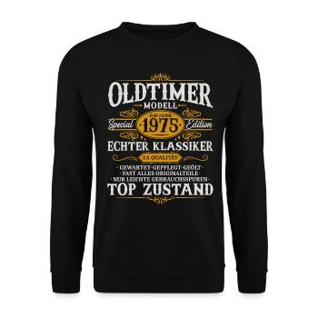 Oldtimer Baujahr 1975 Jahrgang Geburtstag Geschenk - Unisex Pullover - Schwarz - Vorne - Alina (178cm) & Michal (187cm)