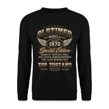 Oldtimer Baujahr 1970 Jahrgang Geburtstag Geschenk - Unisex Pullover - Schwarz - Vorne - Alina (178cm) & Michal (187cm)