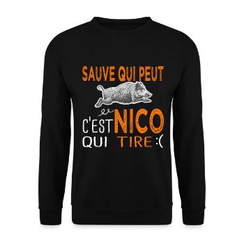 c'est Nico qui tire Humour Nicolas Nicole Chasse - Sweat-shirt Unisexe - noir - Devant - Alina (178cm) & Michal (187cm)
