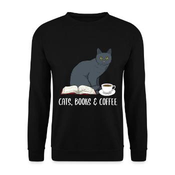 Cats Books & Coffee Buchliebhaber - Unisex Pullover - Schwarz - Vorne - Alina (178cm) & Michal (187cm)
