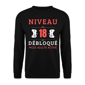 Anniversaire 18 ans mode adulte activé niveau 18 - Sweat-shirt Unisexe - noir - Devant - Alina (178cm) & Michal (187cm)