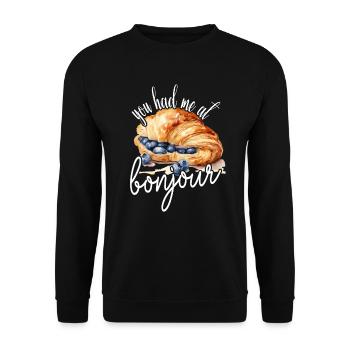 You Had Me At Bonjour Croissant Blueberries - Unisex Pullover - Schwarz - Vorne - Alina (178cm) & Michal (187cm)
