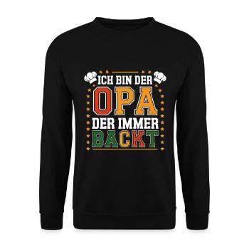 Ich bin der Opa der immer backt lustiger Opaspruch - Unisex Pullover - Schwarz - Vorne - Alina (178cm) & Michal (187cm)