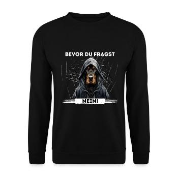 Hund & Humor | Bevor du fragst - Unisex Pullover - Schwarz - Vorne - Alina (178cm) & Michal (187cm)