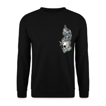 Eule auf Schädel // Illustration - Unisex Pullover - Schwarz - Vorne - Alina (178cm) & Michal (187cm)