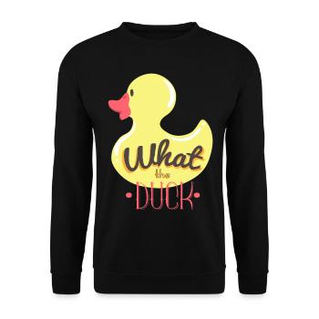 What the duck (fuck) - Ente, Typografie - Unisex Pullover - Schwarz - Vorne - Alina (178cm) & Michal (187cm)