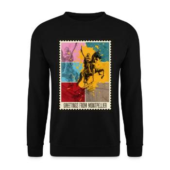 Montpellier Frankreich Stadt Skyline Briefmarke - Unisex Pullover - Schwarz - Vorne - Alina (178cm) & Michal (187cm)