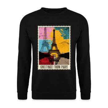 Paris Frankreich Stadt Skyline Briefmarke - Unisex Pullover - Schwarz - Vorne - Alina (178cm) & Michal (187cm)