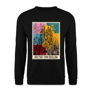Barcelona Spain City Skyline Stamp Colorful - Unisex Sweatshirt - black - Front - Alina (178cm) & Michal (187cm)