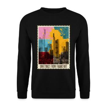 Frankfurt Deutschland Stadt Skyline Briefmarke - Unisex Pullover - Schwarz - Vorne - Alina (178cm) & Michal (187cm)