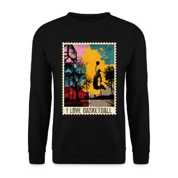 Basketball Basketballer Sport Briefmarke Bunt - Unisex Pullover - Schwarz - Vorne - Alina (178cm) & Michal (187cm)