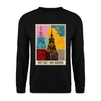 Hamburg Deutschland Stadt Skyline Briefmarke - Unisex Pullover - Schwarz - Vorne - Alina (178cm) & Michal (187cm)