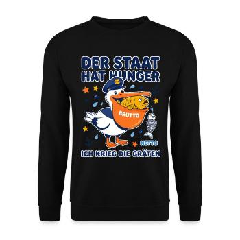 Der Staat Hat Hunger Pelikan - Unisex Pullover - Schwarz - Vorne - Alina (178cm) & Michal (187cm)