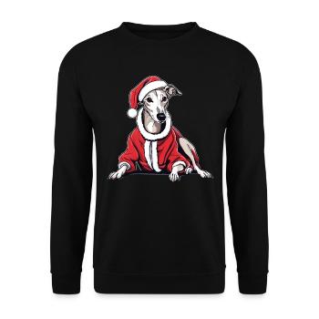 Ein Weihnachts-Whippet mit Weihnachtsmannmütze und Weihnachtsmannkostüm - Unisex Pullover - Schwarz - Vorne - Alina (178cm) & Michal (187cm)