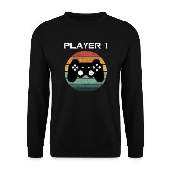 Player 1 Gamer Videospielkonsole Videospiel NERD - Unisex Pullover - Schwarz - Vorne - Alina (178cm) & Michal (187cm)