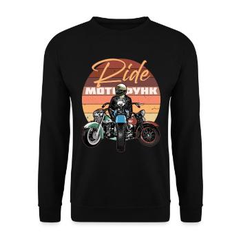 Ride Motorrad, Biker im Sonnenuntergang - Unisex Pullover - Schwarz - Vorne - Alina (178cm) & Michal (187cm)