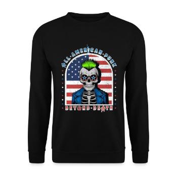 Punk Totenkopf mit Neon-Mohawk und USA-Flagge Hintergrund - Unisex Pullover - Schwarz - Vorne - Alina (178cm) & Michal (187cm)