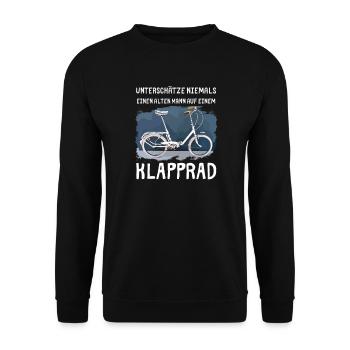 Klapprad - Unterschätze niemals einen alten Mann - Unisex Pullover - Schwarz - Vorne - Alina (178cm) & Michal (187cm)