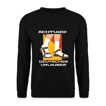 Achtung Deutscher Urlauber Socken in Sandalen - Unisex Pullover - Schwarz - Vorne - Alina (178cm) & Michal (187cm)