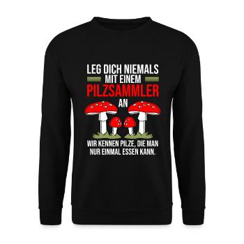 Pilzsammler Spruch zum Pilze sammeln - Unisex Pullover - Schwarz - Vorne - Alina (178cm) & Michal (187cm)