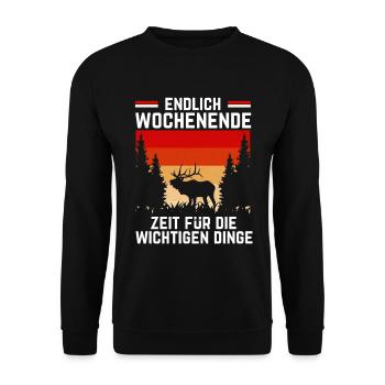 Jäger Spruch zum Wochenende für die Hirsch Jagd - Unisex Pullover - Schwarz - Vorne - Alina (178cm) & Michal (187cm)