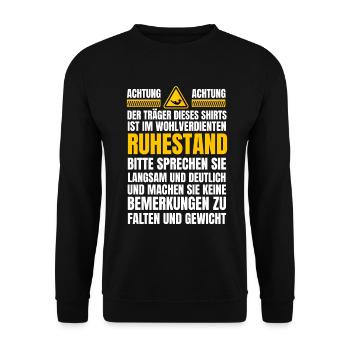 Ruhestand Warnhinweis lustiger Rentner Pensionär - Unisex Pullover - Schwarz - Vorne - Alina (178cm) & Michal (187cm)