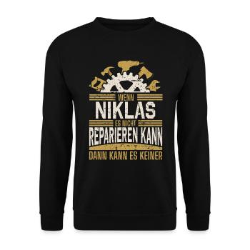 Niklas Name Geschenk Geburtstag - Unisex Pullover - Schwarz - Vorne - Alina (178cm) & Michal (187cm)