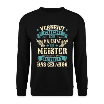 Meister Geschenk Lustige Sprüche - Unisex Pullover - Schwarz - Vorne - Alina (178cm) & Michal (187cm)