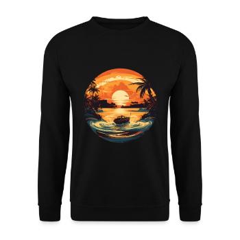 boot im Sonnenuntergang mit Palmen Boot Fahrer - Unisex Pullover - Schwarz - Vorne - Alina (178cm) & Michal (187cm)